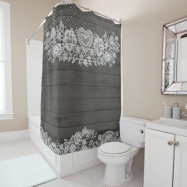 Rustic Wood & White Lace Lacy Farmhouse Shower Curtain (In Situ)
