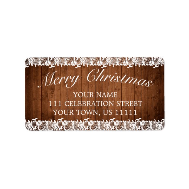 Rustic Wood & White Lace Merry Christmas Address Label (Front)