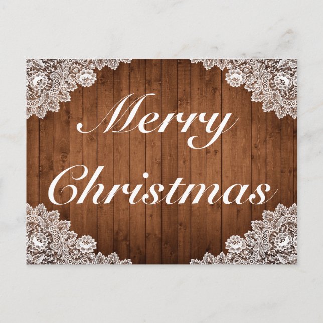 Rustic Wood & White Lace Merry Christmas Greeting Announcement Postcard (Front)