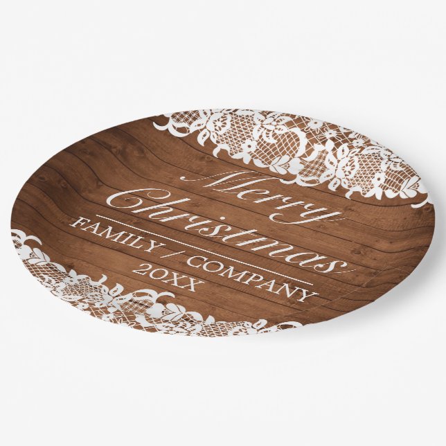 Rustic Wood & White Lace Merry Christmas Paper Plate (Angled)