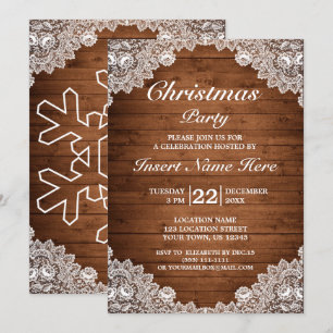Rustic Wood & White Lace Merry Christmas Party Invitation