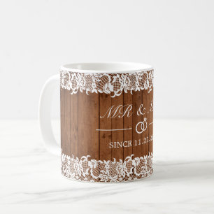 Rustic Wood & White Lace Mr and Mrs Anniversary Coffee Mug