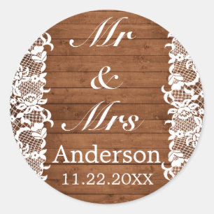Rustic Wood & White Lace MR MRS Wedding Classic Round Sticker