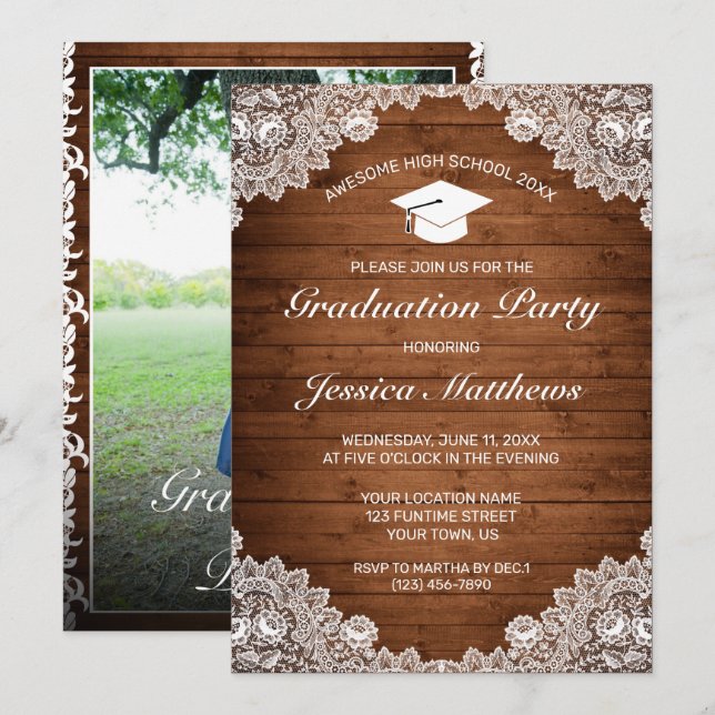 Rustic Wood & White Lace Photo Graduation  Invitation (Front/Back)