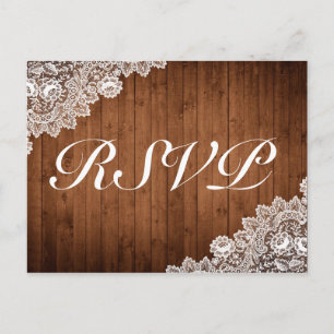 Rustic Wood & White Lace RSVP Invitation Postcard
