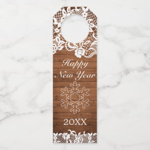 Rustic Wood & White Lace Snowflake New Year Bottle Tag