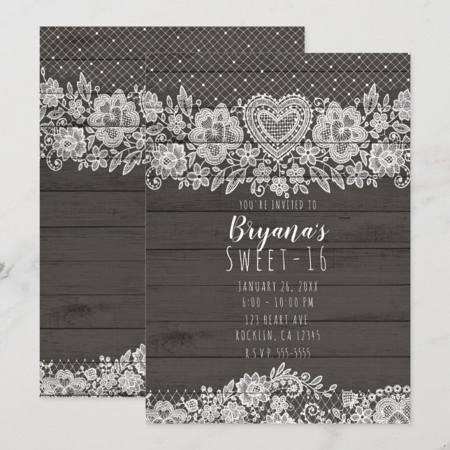 Rustic Wood & White Lace Sweet 16 Birthday Invitation (Front/Back)