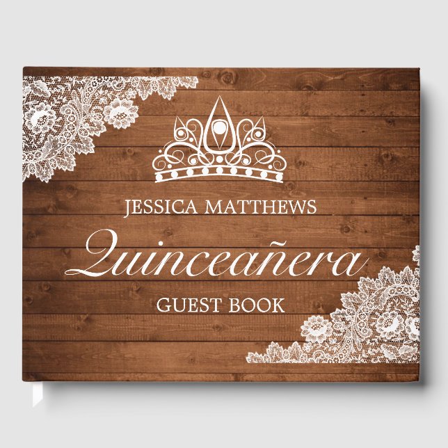 Rustic Wood & White Lace Tiara Quinceañera Guest Book (Front)