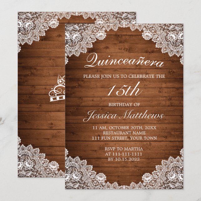 Rustic Wood & White Lace Tiara Quinceañera Invitation (Front/Back)