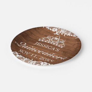 Rustic Wood & White Lace Tiara Quinceañera Paper Plate