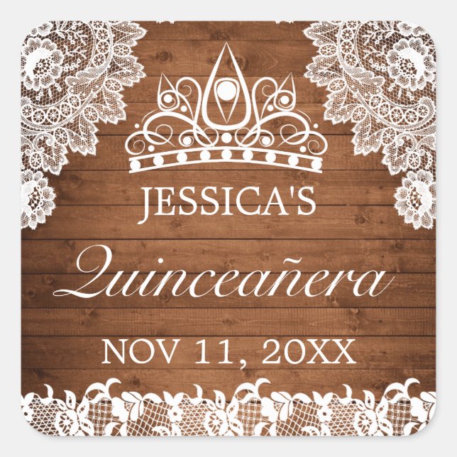 Rustic Wood & White Lace Tiara Quinceanera Square Sticker (Front)