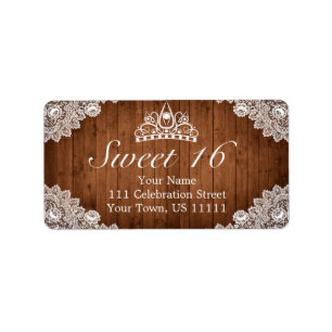Rustic Wood & White Lace Tiara Sweet 16 Address Label