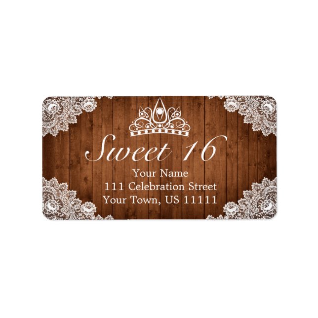Rustic Wood & White Lace Tiara Sweet 16 Address Label (Front)