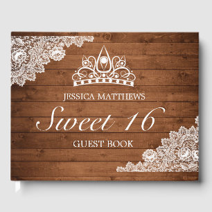 Rustic Wood & White Lace Tiara Sweet 16 Birthday Guest Book
