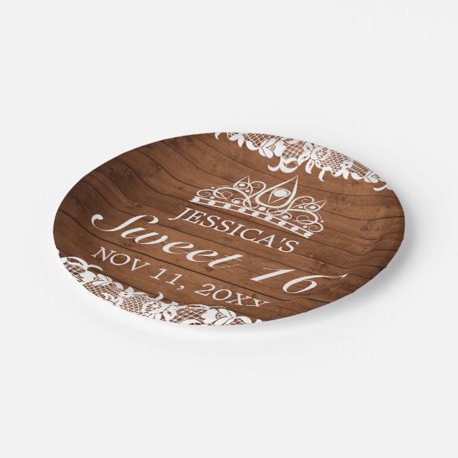 Rustic Wood & White Lace Tiara Sweet 16 Paper Plate (Angled)