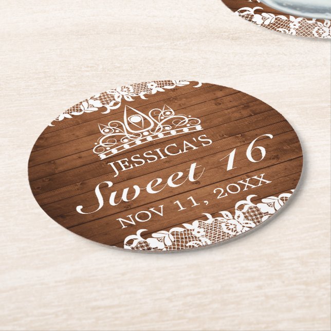 Rustic Wood & White Lace Tiara Sweet 16 Round Paper Coaster (Angled)