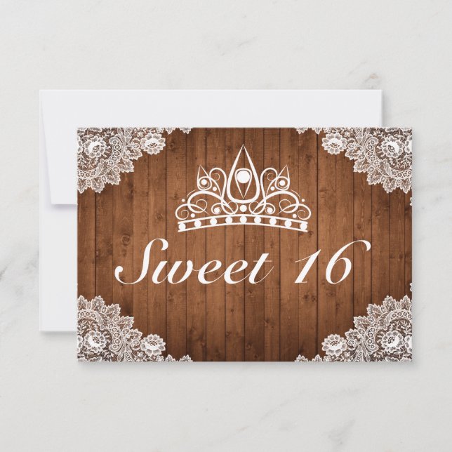 Rustic Wood & White Lace Tiara Sweet 16 RSVP Card (Front)