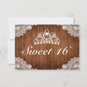 Rustic Wood & White Lace Tiara Sweet 16 RSVP Card