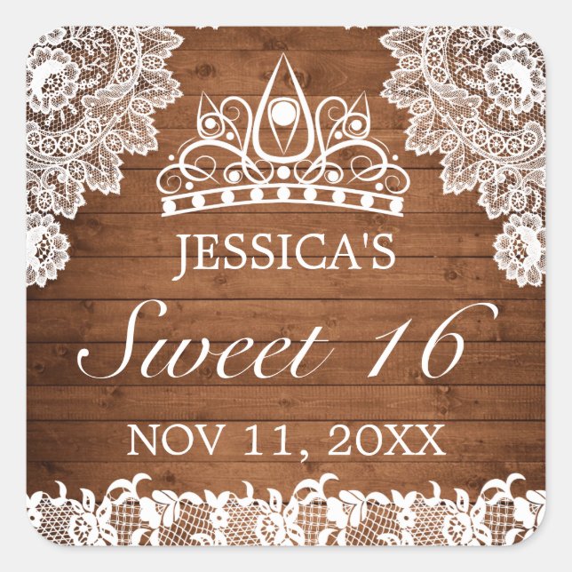 Rustic Wood & White Lace Tiara Sweet 16 Square Sticker (Front)