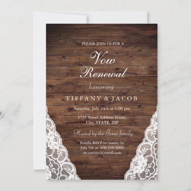 Rustic Wood White Lace Vow Renewal Invite (Front)