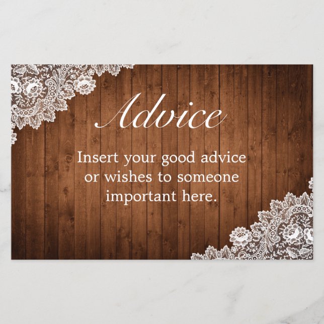Rustic Wood & White Lace Wedding Advice Card (Front)