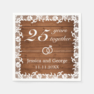 Rustic Wood & White Lace Wedding Anniversary Napkin