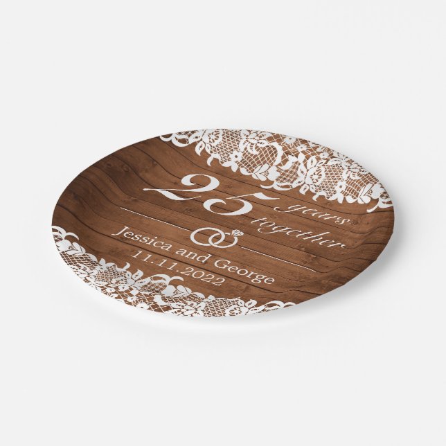 Rustic Wood & White Lace Wedding Anniversary Paper Plate (Angled)