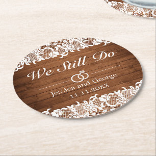 Rustic Wood & White Lace Wedding Anniversary Round Paper Coaster