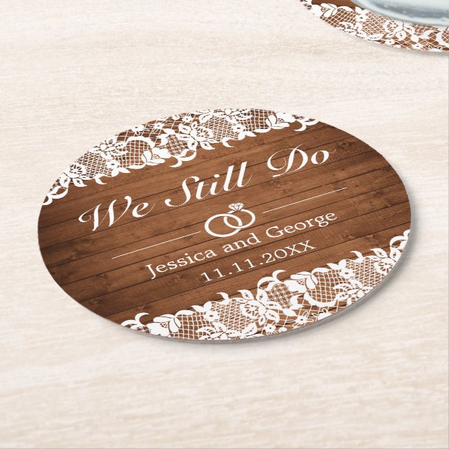 Rustic Wood & White Lace Wedding Anniversary Round Paper Coaster (Angled)
