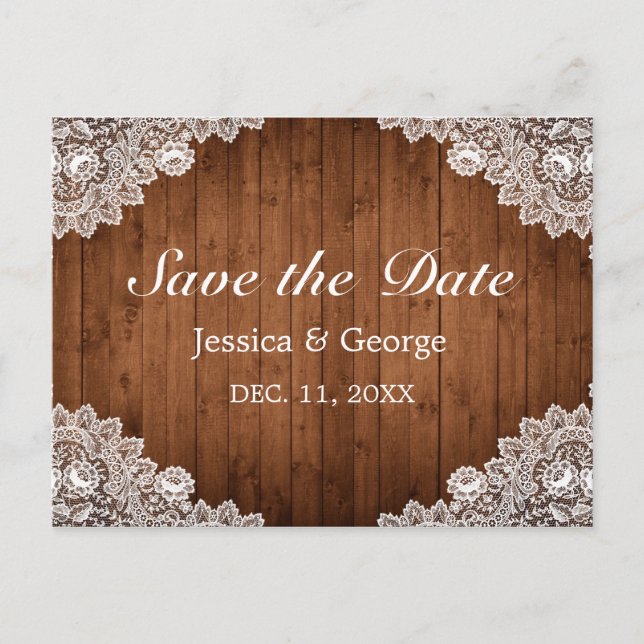 Rustic Wood & White Lace Wedding Announcement Postcard (Front)