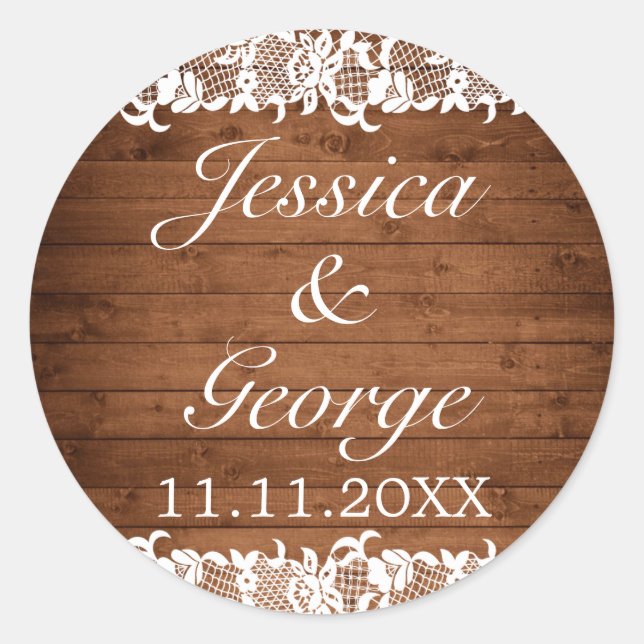 Rustic Wood & White Lace Wedding Classic Round Sticker (Front)