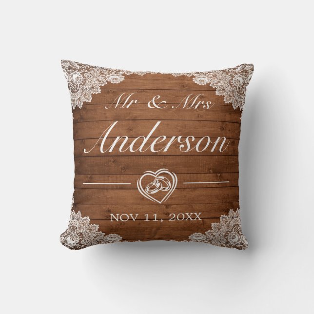 Rustic Wood & White Lace Wedding Cushion (Front)