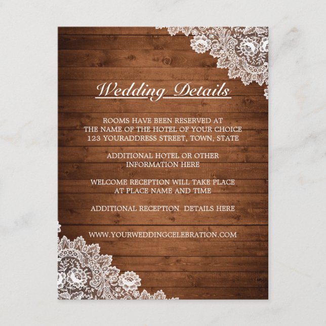 Rustic Wood & White Lace Wedding Details Enclosure Card (Front)
