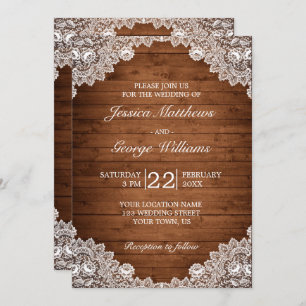 Rustic Wood & White Lace Wedding Invitation
