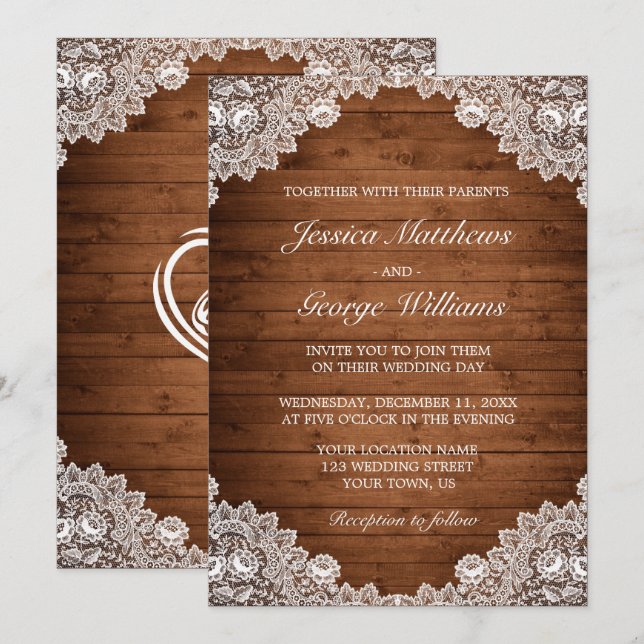 Rustic Wood & White Lace Wedding Invitation (Front/Back)