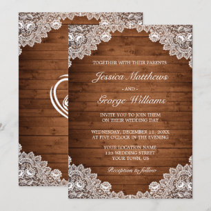 Rustic Wood & White Lace Wedding Invitation