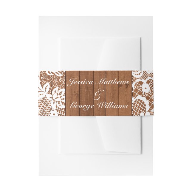 Rustic Wood & White Lace Wedding Invitation Belly Band (Front Example)