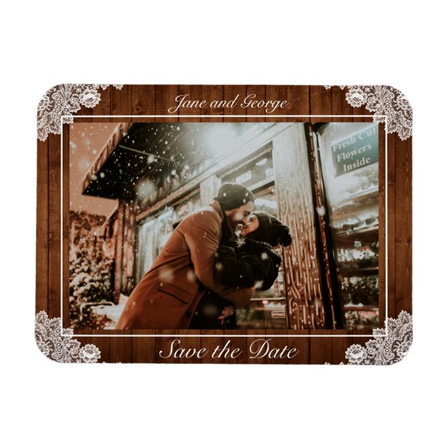 Rustic Wood & White Lace Wedding Magnet (Horizontal)