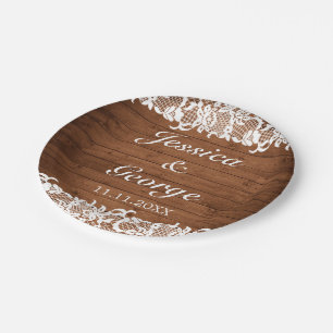 Rustic Wood & White Lace Wedding Paper Plate