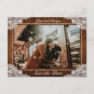 Rustic Wood & White Lace Wedding Photo Announcement Postcard