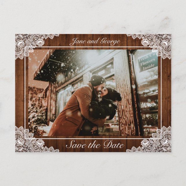 Rustic Wood & White Lace Wedding Photo Announcement Postcard (Front)