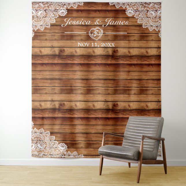 Rustic Wood & White Lace Wedding Photo Background Tapestry (In Situ)