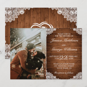 Rustic Wood & White Lace Wedding Photo Invitation