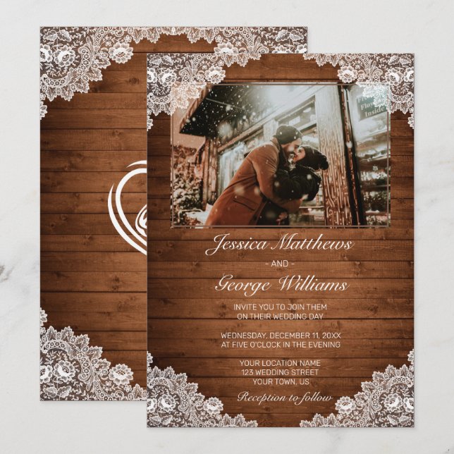 Rustic Wood & White Lace Wedding Photo Invitation (Front/Back)