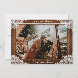 Rustic Wood & White Lace Wedding Photo Save The Date