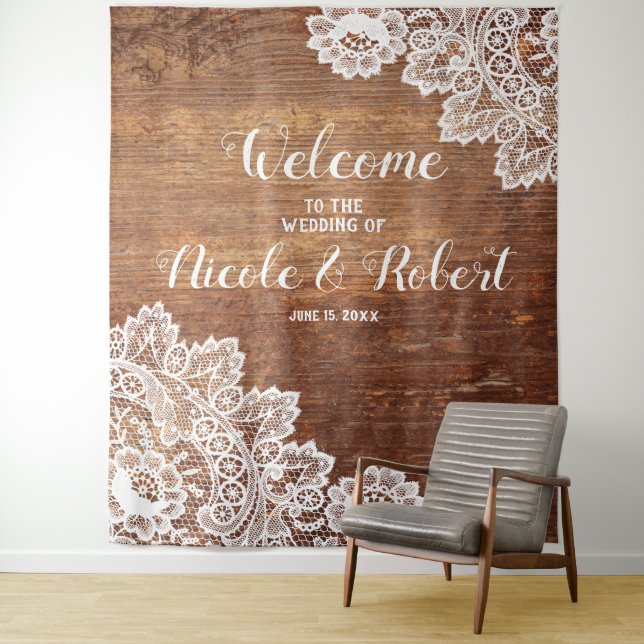 Rustic Wood White Lace Wedding PhotoBooth Backdrop Tapestry (In Situ)