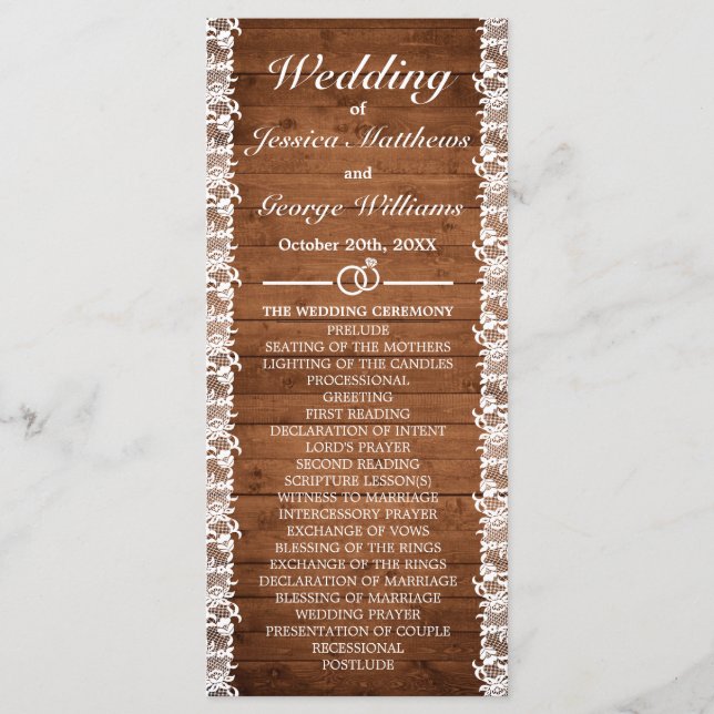 Rustic Wood & White Lace Wedding Programme (Front)