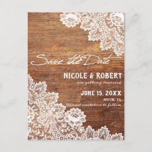Rustic Wood White Lace Wedding Save the Date Announcement Postcard