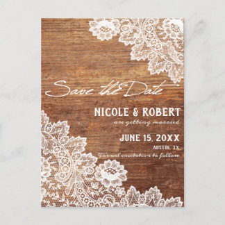 Rustic Wood White Lace Wedding Save the Date Announcement Postcard