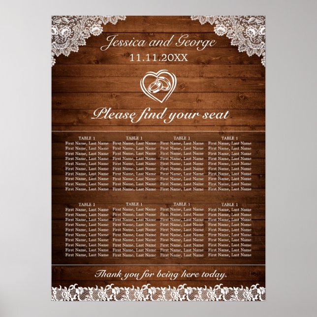Rustic Wood & White Lace Wedding Seating Chart (Front)